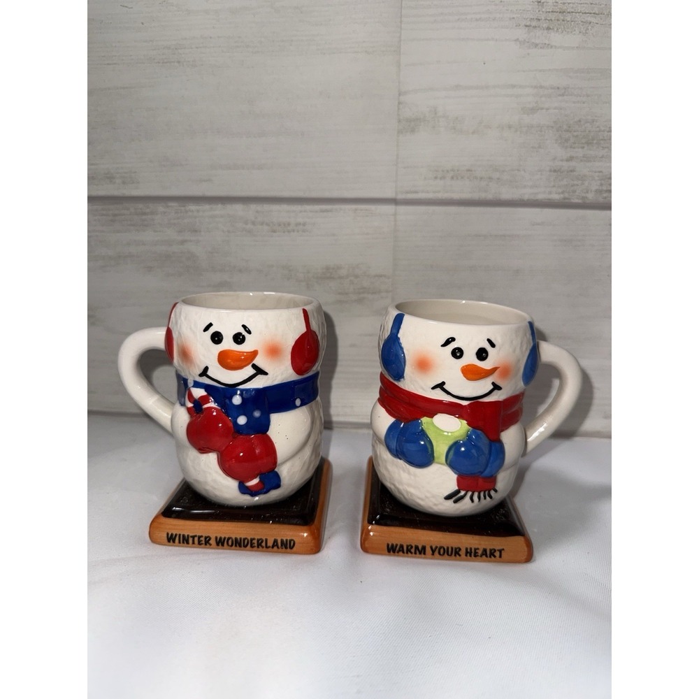 Bay Island Snowman Coffee Cup PairHot Cocoa Mug Ceramic 4.5" Christmas Holidays